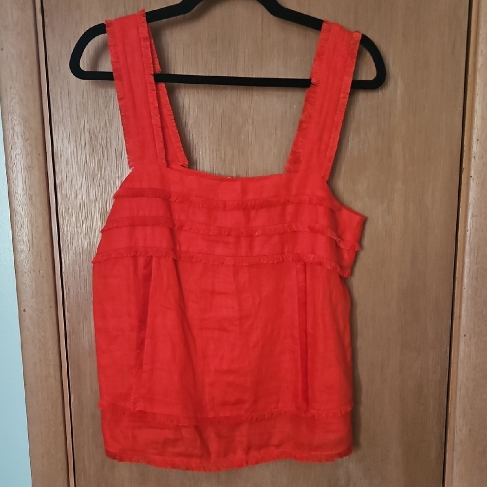 J Crew Tomato Red Linen Fringe Tank Top Shirt Sz 6